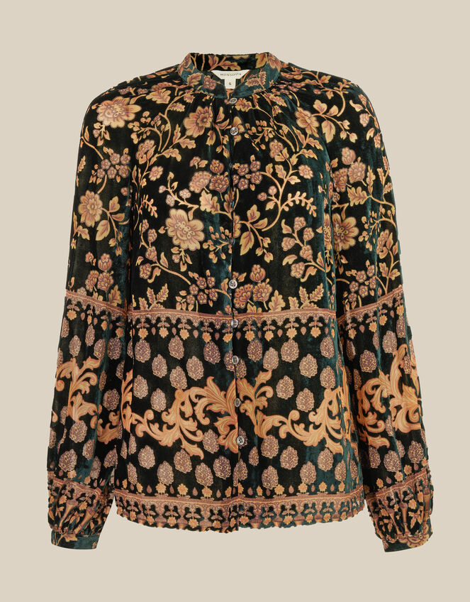 Hollie Floral Devor&eacute; Velvet Shirt, Green (GREEN), large