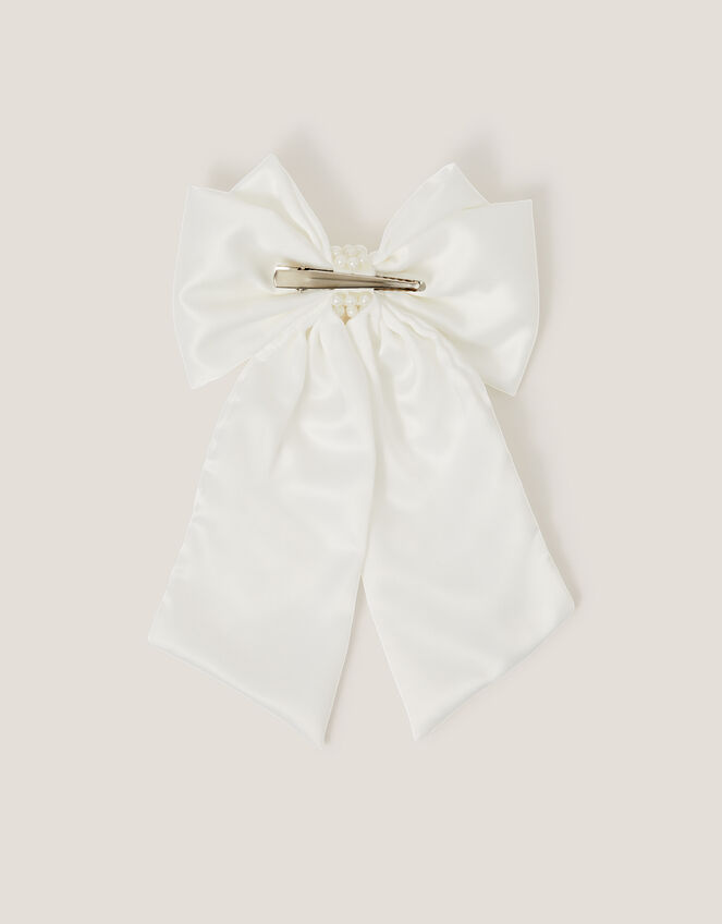 Long Pearl Satin Bow Hair Clip, Ivory (IVORY), large