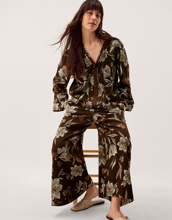 Esther Floral Linen Blend Wide Leg Pants, Brown (CHOCOLATE), large