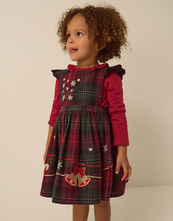 Baby Christmas Top & Tartan Pinafore Dress Set, Red (BURGUNDY), large