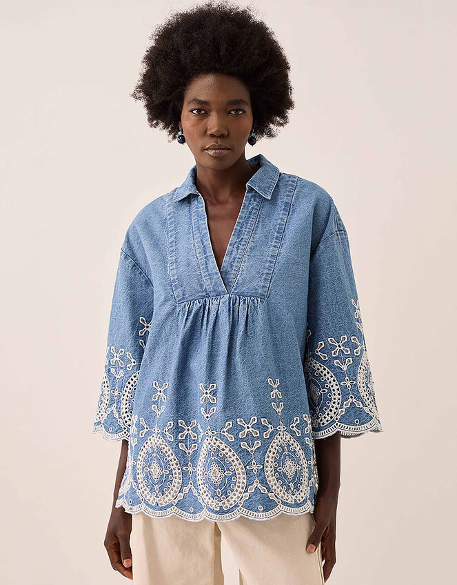 East Coralie Denim Broderie Shirt , Blue (BLUE), large