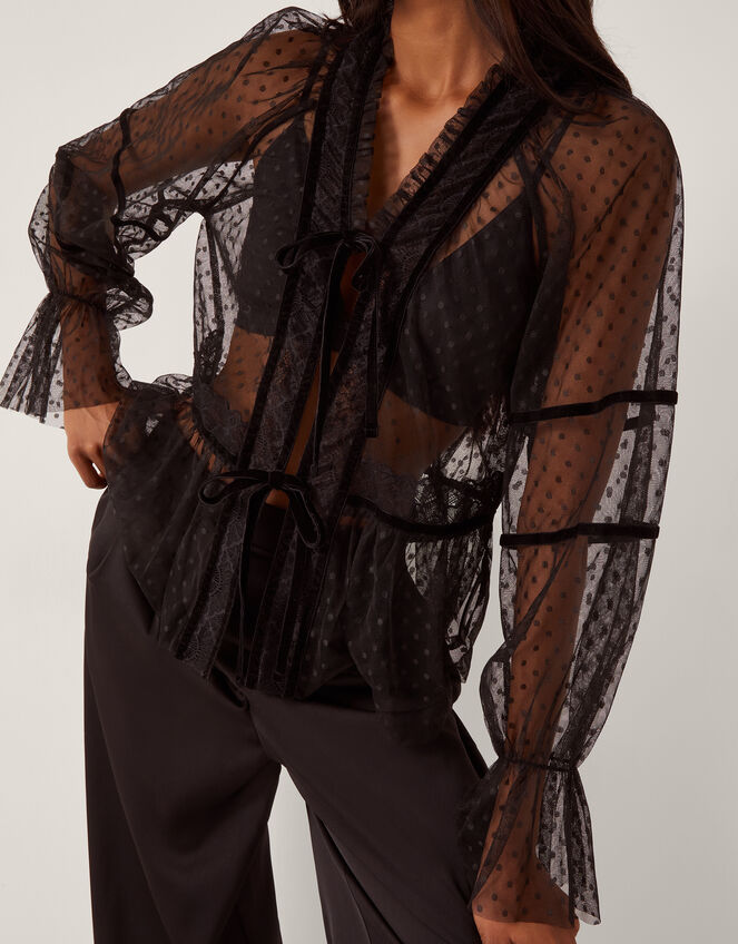 Lina Sheer Polka Dot Lace Blouse, Black (BLACK), large