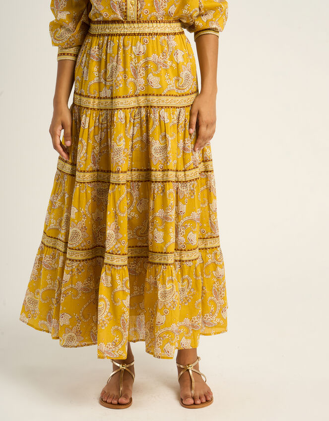Petite Mendigote Jill Paisley Tiered Midi Skirt, Yellow (YELLOW), large