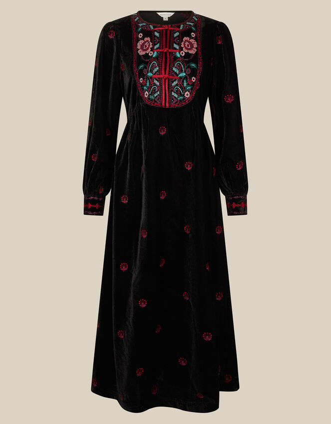 Agnes Long Sleeve Embroidered Velvet Midi Dress, Black (BLACK), large