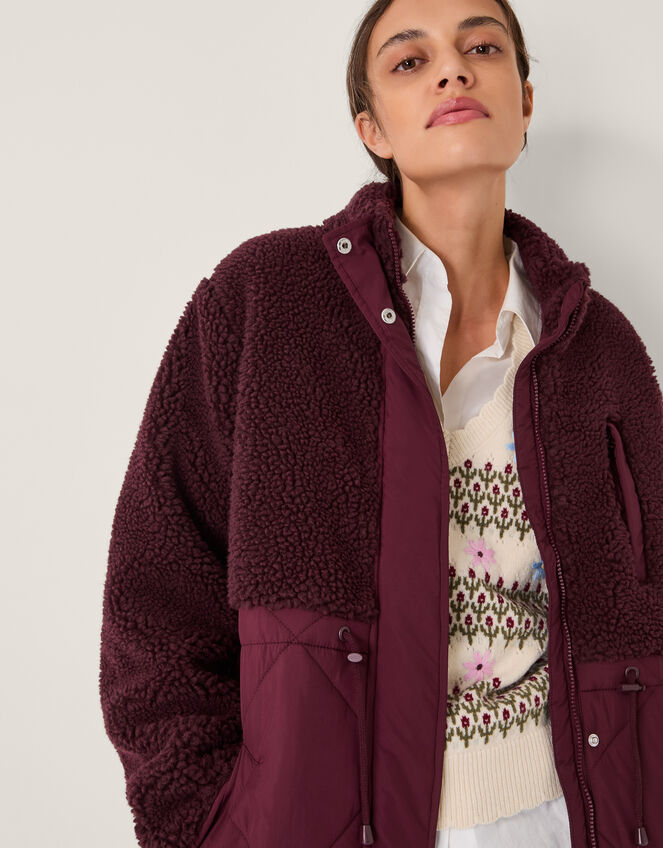 Marlo Faux Shearling Quilted Coat, Red (BURGUNDY), large