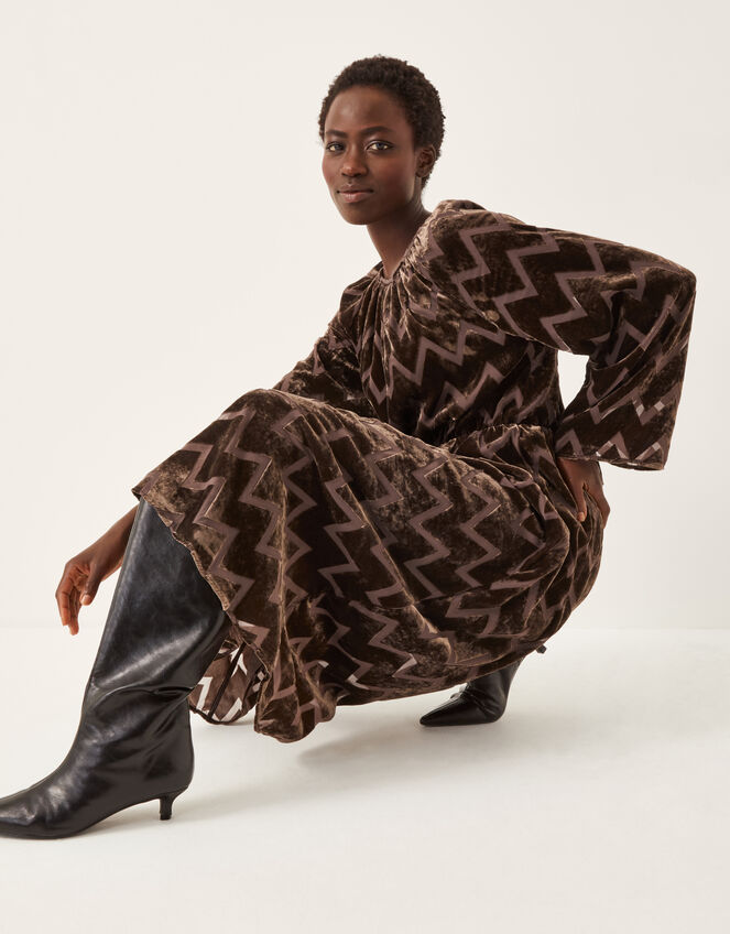 Keisha Geometric Velvet Midi Dress, Brown (CHOCOLATE), large