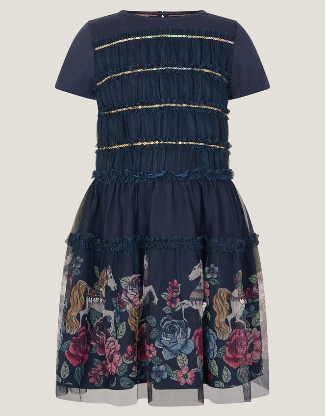 Unicorn Sequin Frill Dress, Blue (NAVY), large