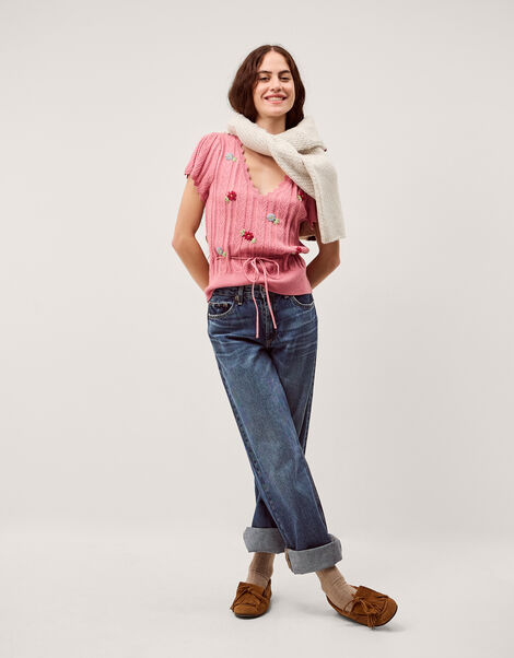 Edie Floral Embroidered Short Sleeve Jumper, Pink (PINK), large