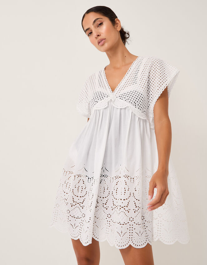 Lola Broderie Mini Swing Dress, White (WHITE), large