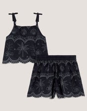 Palm Embroidered Top & Shorts Set, Black (BLACK), large