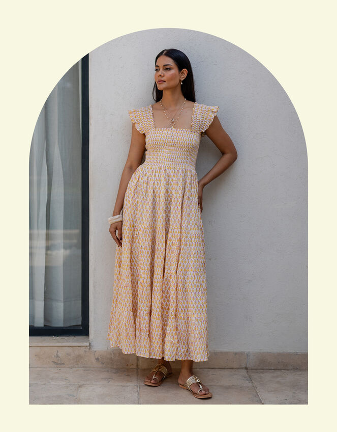 Dilli Grey Tara Smocked Block Print Maxi Dress, Yellow (YELLOW), large