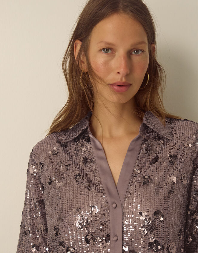 Seema Long Sleeve Sequin Shirt, Mink (MINK), large