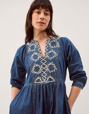 Betty Embroidered Denim Midi Dress, Blue (LIGHT AUTHENTIC), large