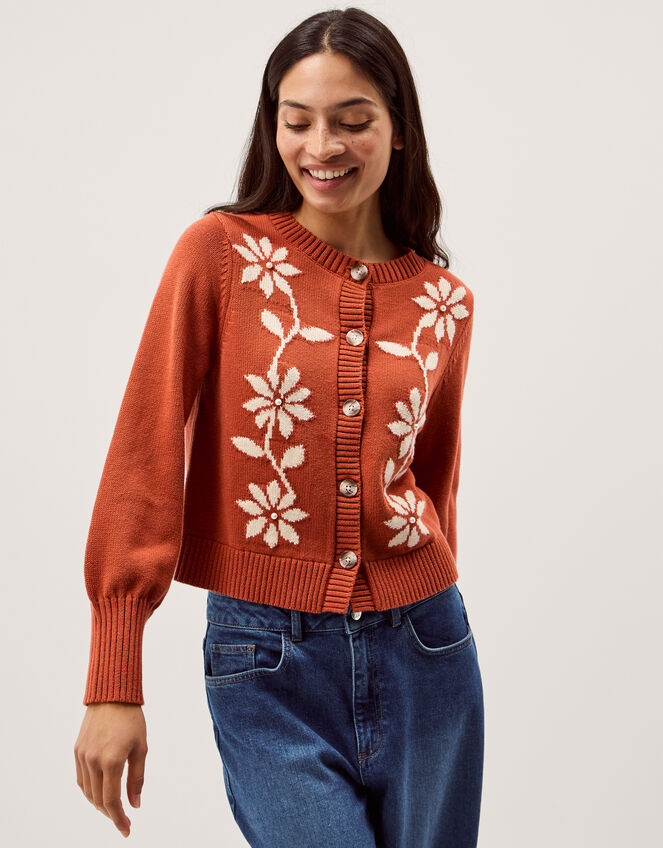 Fiona Floral Embroidered Cardigan, Orange (RUST), large
