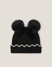 Scallop Bow Pom-Pom Beanie Hat, Black (BLACK), large