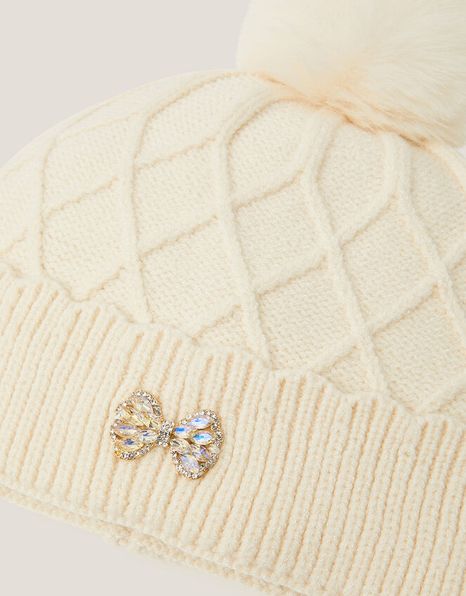 Bow Pom-Pom Beanie Hat, Ivory (IVORY), large