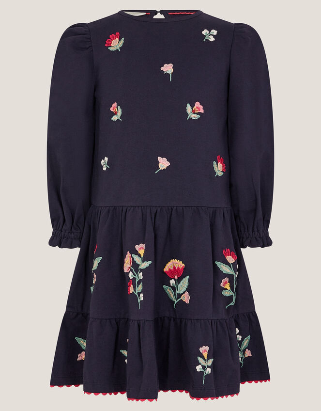 Floral Embroidered Tiered Dress, Blue (NAVY), large