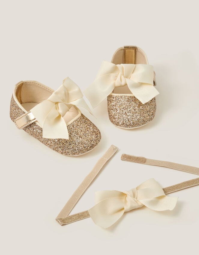 Baby Bow Glitter Headband & Booties Set, Gold (GOLD), large