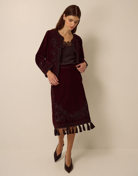 Mila Embellished Velvet Knee Length Skirt, Red (BURGUNDY), large