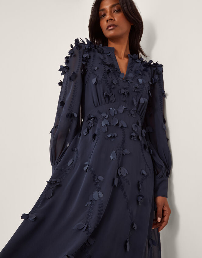 Gwen Appliqu&eacute; Long Sleeve Midi Dress, Blue (NAVY), large