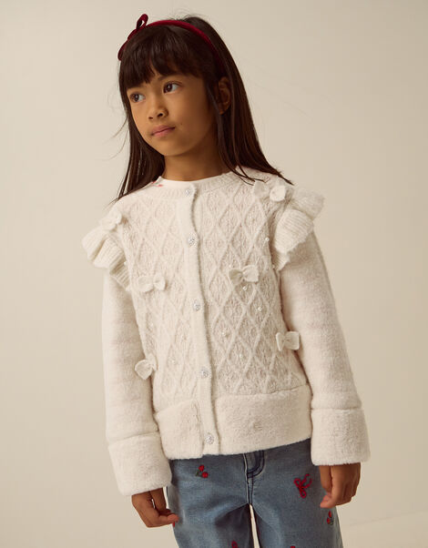 Pearl Embellished Bow Faux Fur Cardigan, Ivory (IVORY), large