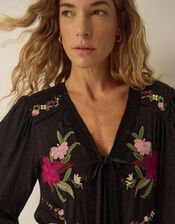 Yara Floral Embroidered Lace Trim Top, Black (BLACK), large