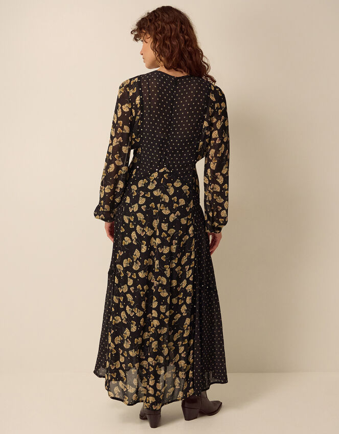 Clemence Amelie Long Sleeve Contrast Print Midi Dress, Black (BLACK), large