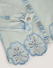 Flower Sequin Denim Jacket, Blue (BLUE), large