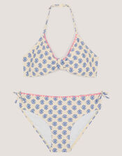 Floral Print Halter Bikini Set, White (WHITE), large