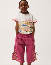 Floral Embroidered Scallop Trim Trousers, Pink (MAGENTA), large