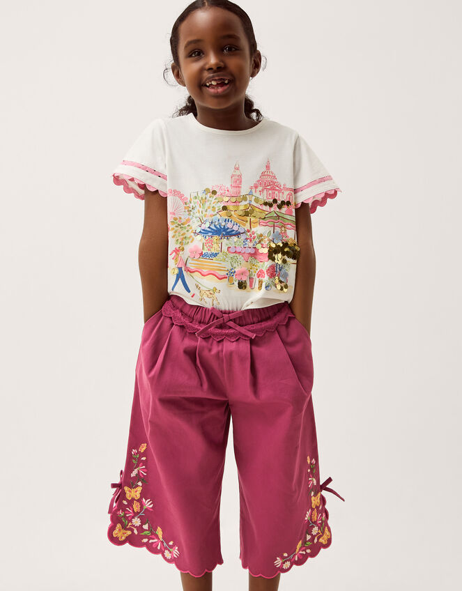 Floral Embroidered Scallop Trim Trousers, Pink (MAGENTA), large