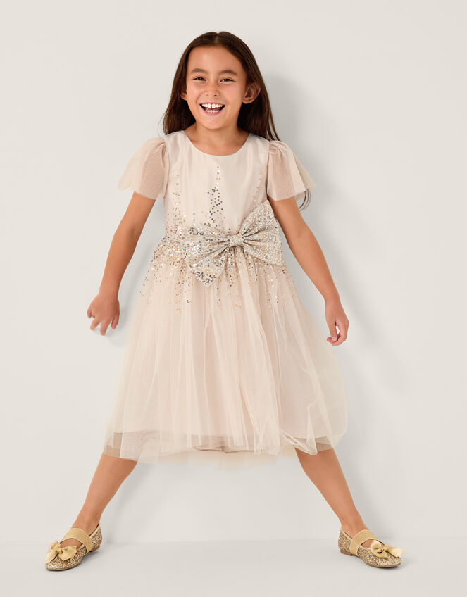 Samara Sequin Waterfall Bow Dress, Gold (GOLD), large