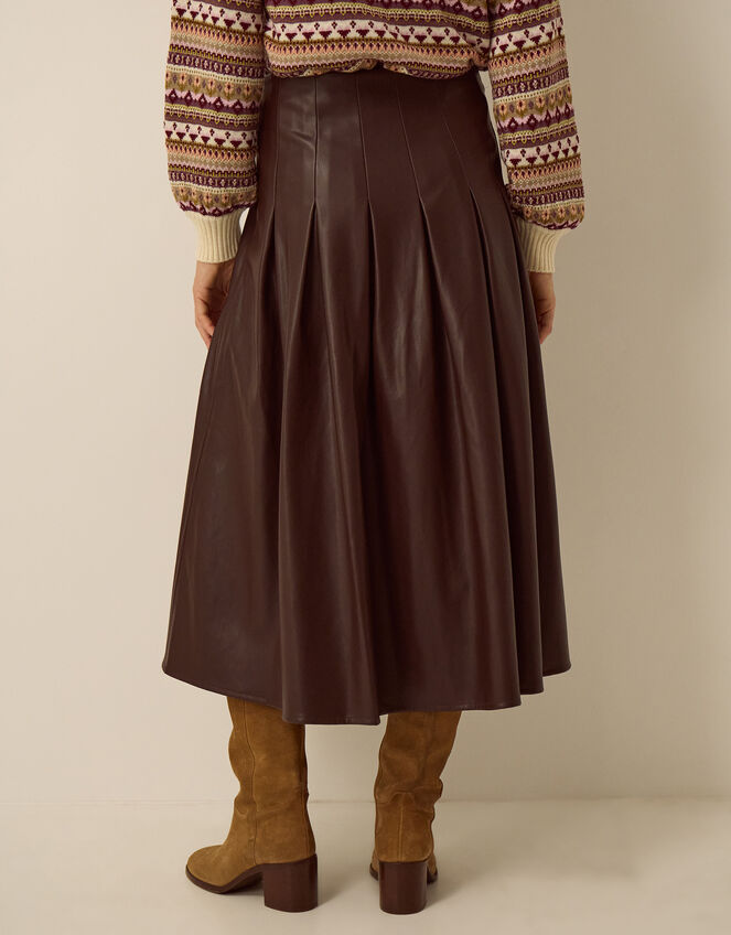 Ottie Pleated Faux Leather Midi Skirt, Brown (BROWN), large