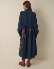 East Freddie Tie Neck Floral Placement Print Midi Dress, Blue (NAVY), large