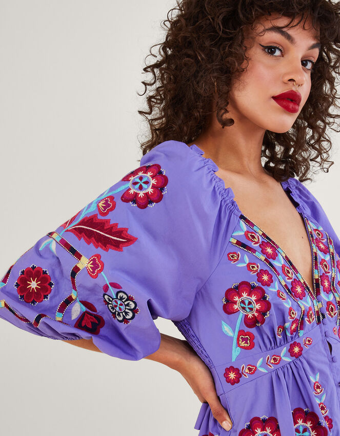 Serena Embroidered Knee-Length Dress , Purple (PURPLE), large