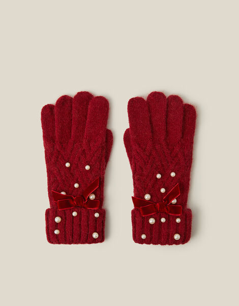 Pearl Cable Knit Gloves, Red (RED), large