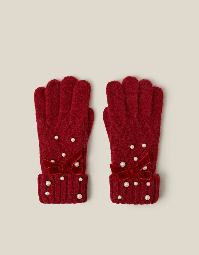 Pearl Cable Knit Gloves, Red (RED), large