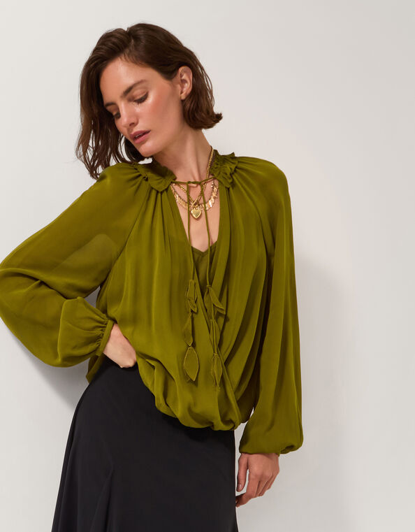 Ellie Frill Neck Wrap Blouse, Green (KHAKI), large
