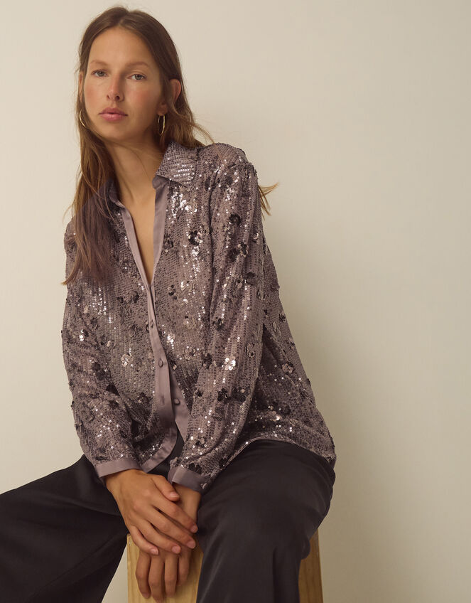 Seema Long Sleeve Sequin Shirt, Mink (MINK), large