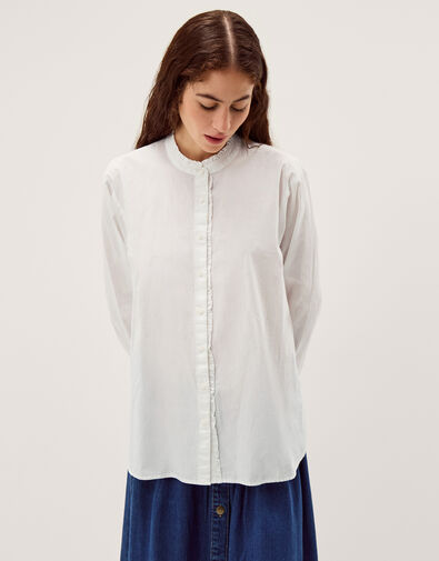 Paige Frill Poplin Shirt, White (WHITE), large