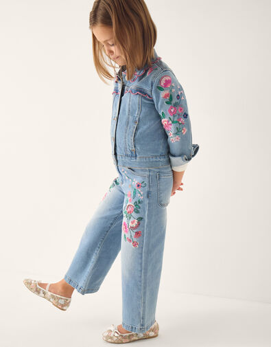 Sequin Floral Embroidered Wide Leg Jeans, Blue (BLUE), large