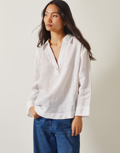 Clover Linen Button Blouse, White (WHITE), large