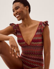 Zaria Plunge Knit Ruffle Swimsuit, Red (BURGUNDY), large