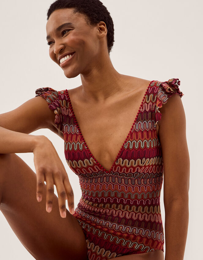 Zaria Plunge Knit Ruffle Swimsuit, Red (BURGUNDY), large