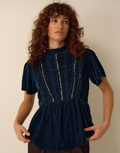 Clemence Eloise Short Sleeve Smocked Velvet Top, Teal (TEAL), large