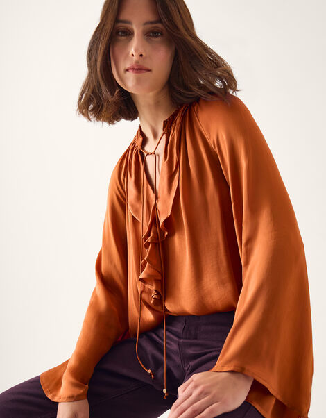 Arlette V-Neck Frill Satin Blouse, Copper (COPPER), large