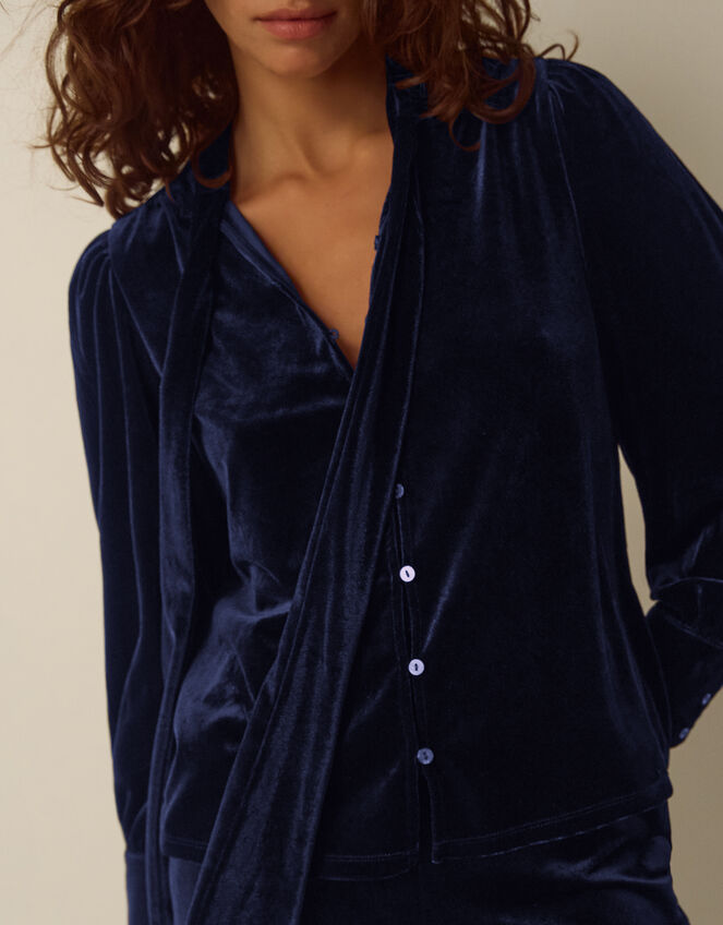 Tessa Neck Tie Velvet Shirt, Blue (MIDNIGHT), large