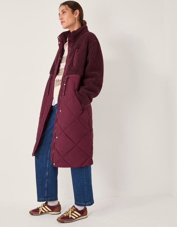 Marlo Faux Shearling Quilted Coat, Red (BURGUNDY), large