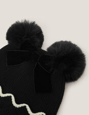 Scallop Bow Pom-Pom Beanie Hat, Black (BLACK), large