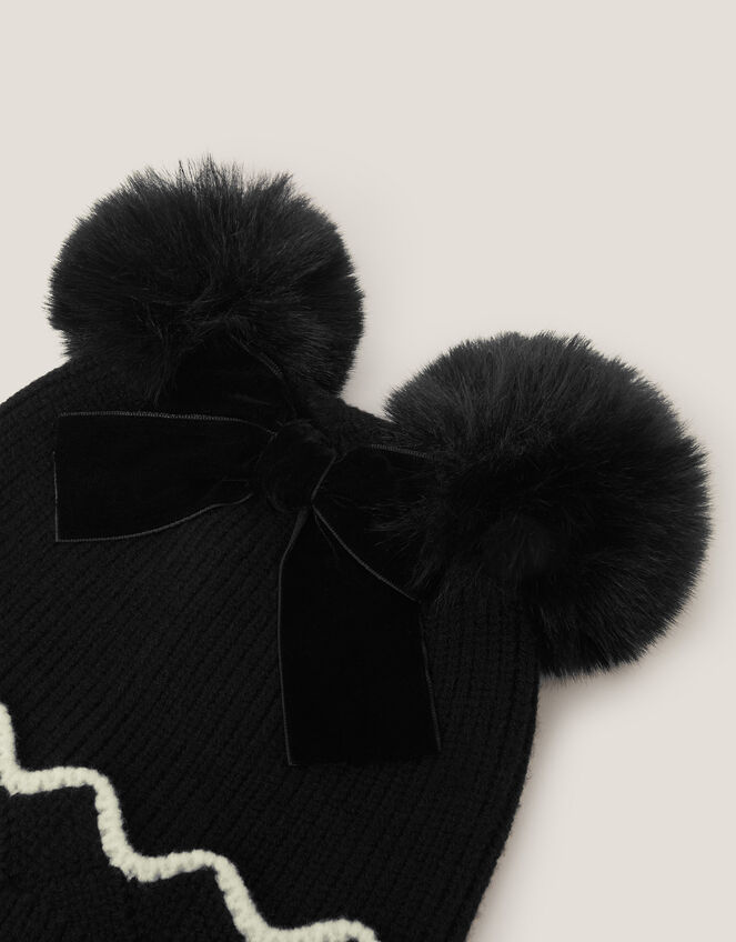 Scallop Bow Pom-Pom Beanie Hat, Black (BLACK), large